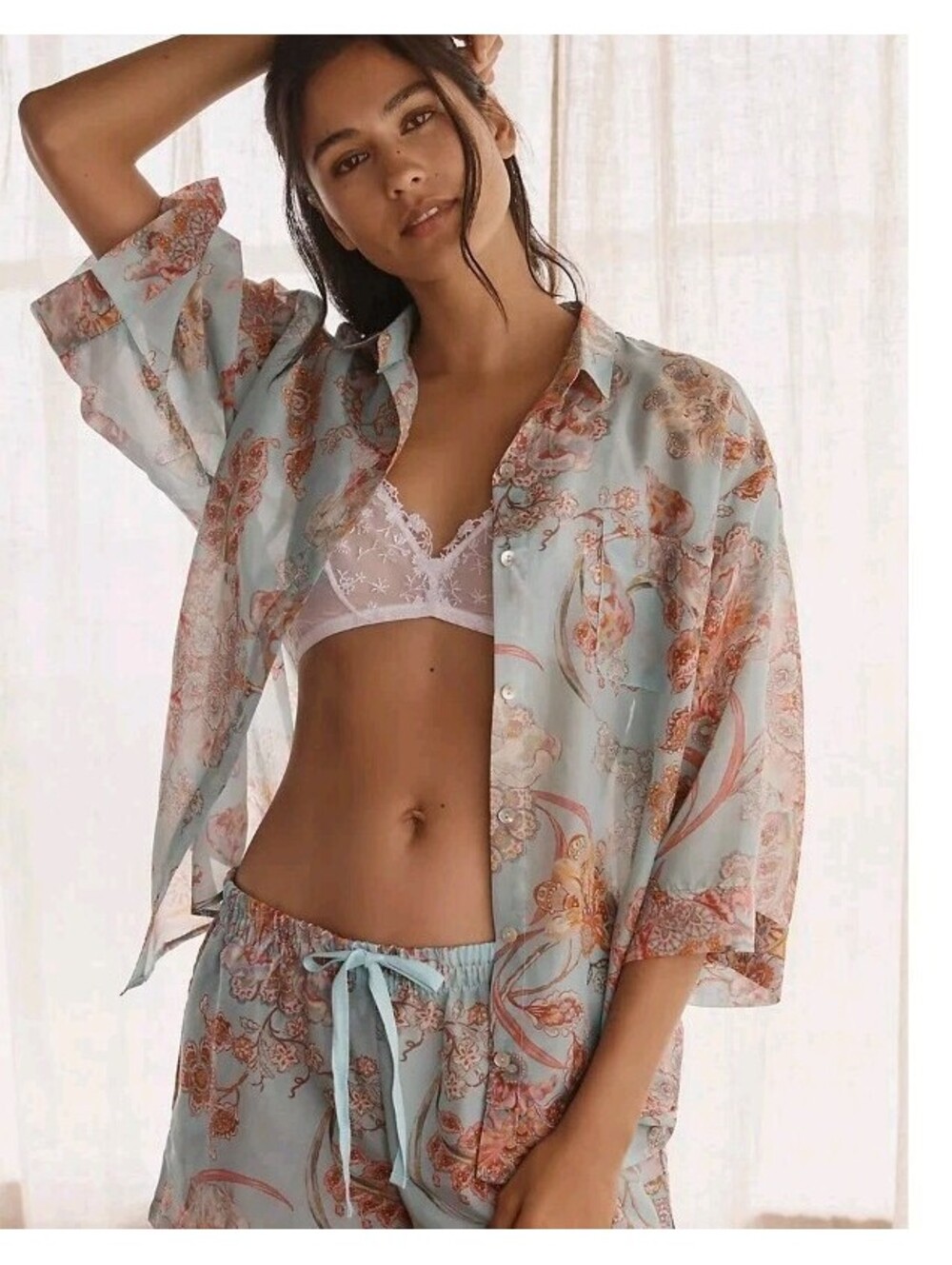 NEW $200 Papinelle Coco Cotton Silk Cotton Full Length Set Pajama Large